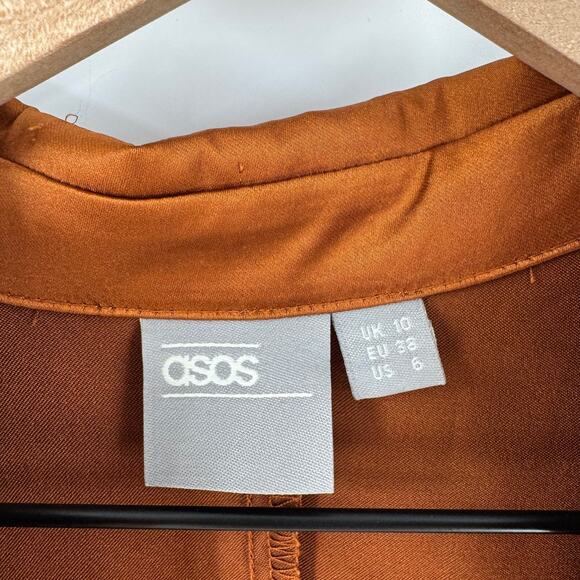 ASOS Rust Satin Mini Dress Size 6 Collared Deep V Neck Fall Party Dress Babydoll - Picture 3 of 6